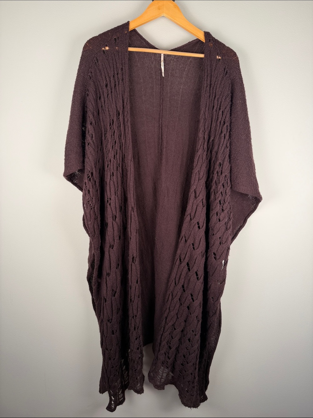 Free People Cottagecore Boho Open-Front Knit Dark Burgundy Brown Shaw Duster